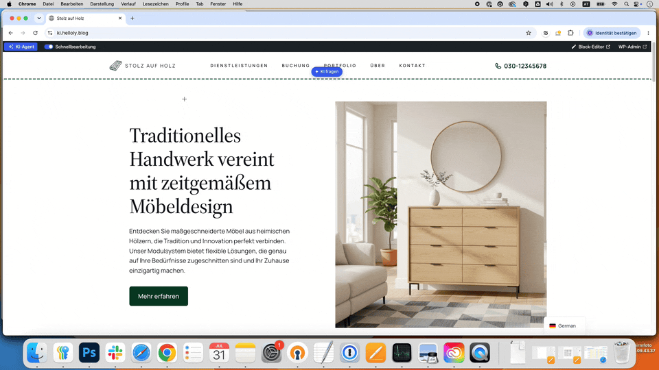 Diese .gif-Animation zeigt die vom KI Web Studio fertig erstellte Website und verdeutlicht, wie man mit der Maus die einzelnen Elemente der Website bearbeiten kann, indem man mit der Maus darüber fährt.